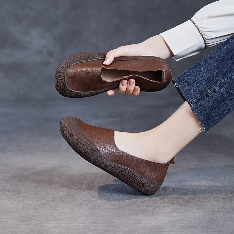 Johnature Retro Genuine Leather Shallow Flats Cowhide Comfortable Soft Soled Women's Slip-on Shoes