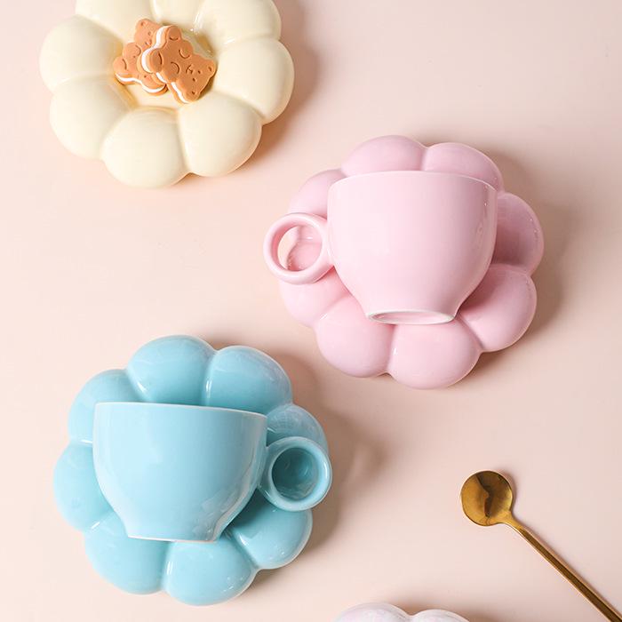 Tazas y Platillos de Cerámica de Estilo Nórdico Inspirados en Macarons - Diseño Lindo y Creativo de Girasol