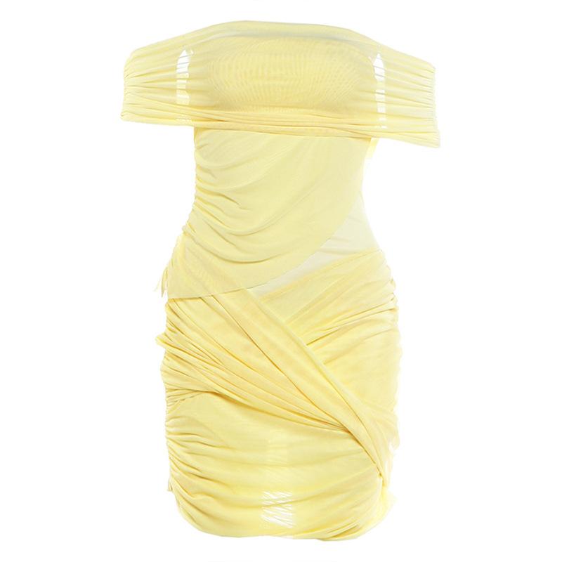 European and American Women's Clothing Autumn New Sleeveless One-word Neck Tube Top Pleated Sexy Waist and Hip Dress