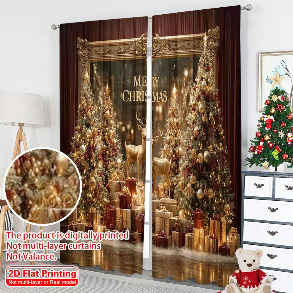 2pcs 2D flat printing Christmas Window Curtains merry christmas11 100% Polyester Without Electricity Spring Perfect for Festive