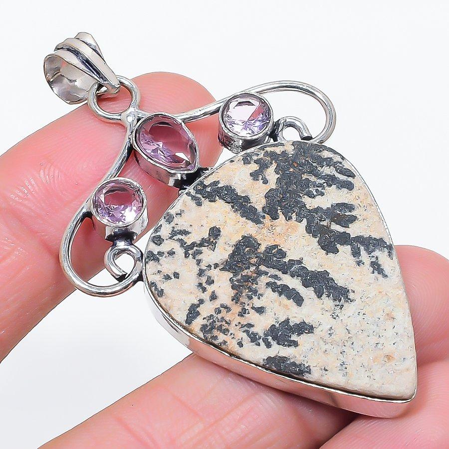Natural Psilomelane Dendritic, Kunzite 925 Sterling Silver Pendant 2.56" u3U73