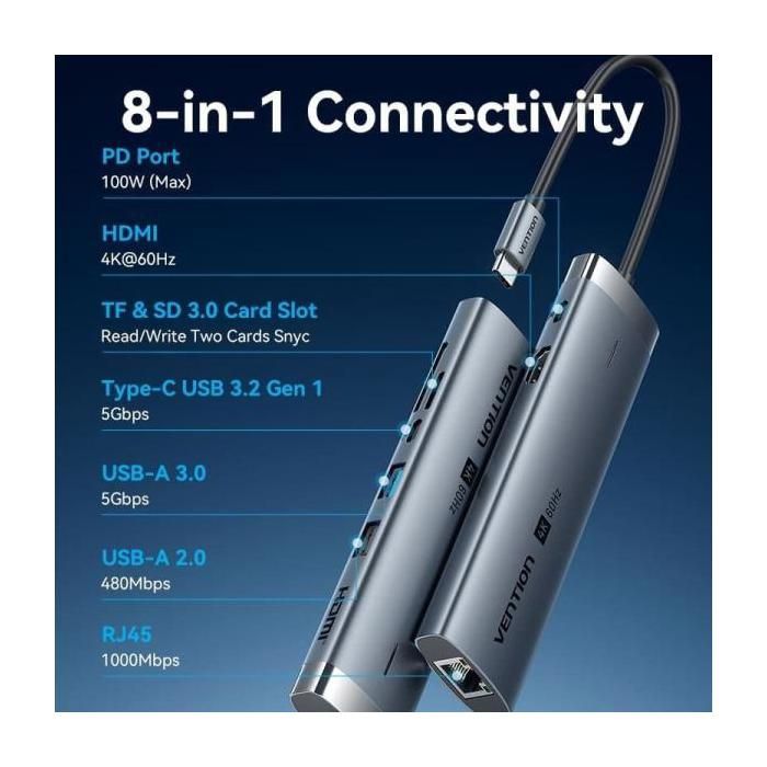 USB-C Docking Station - VENTION - TGUHB - 8-in-1 - HDMI 4K@60Hz - PD 100W - RJ45 Gigabit