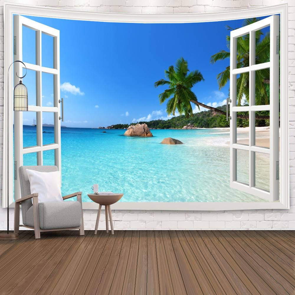 Wall Hanging Living Room Bedroom Window Natural Landscape Beach Large  Covering Decoration Tapestry Background Cloth Bedside