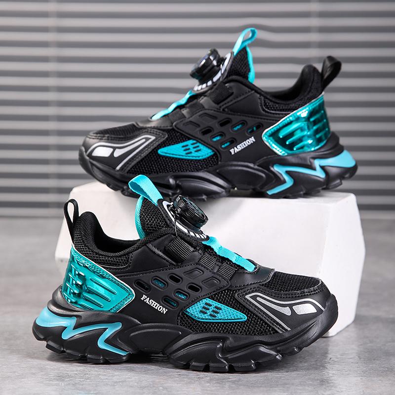 Scarpe da ginnastica con bottoni rotanti per ragazzi, in rete traspirante, antiscivolo, sportive per bambini, leggere, chunky, da corsa per scuola, all'aperto