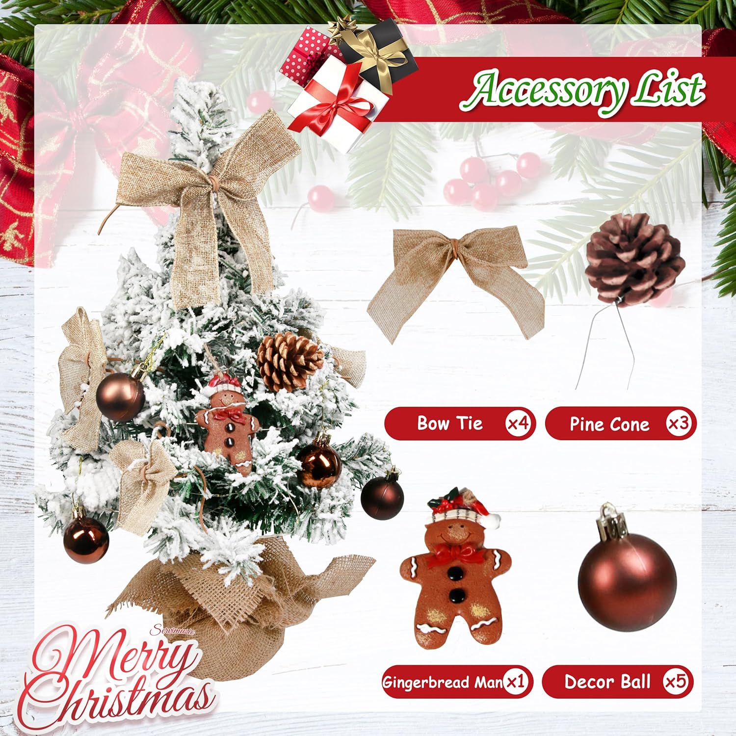 

24 Lighted Mini Christmas Tree with Music Box, Gingerbread Tag & Decor Balls, LED Tabletop Holiday Tree for Home Party Decor 0.6M