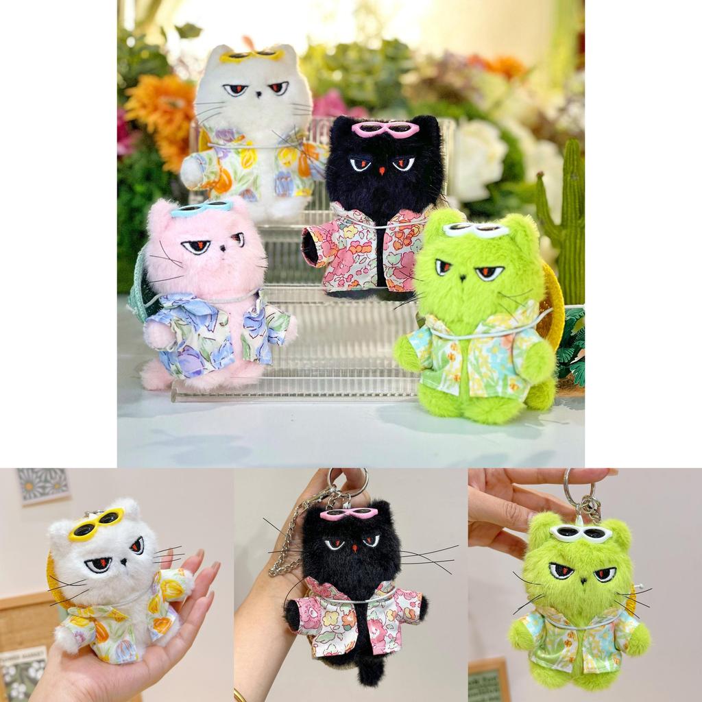 Plush Cat Keychain With Flower Shirt And Sunglasses Design For Cute Gift And Bag Decoration