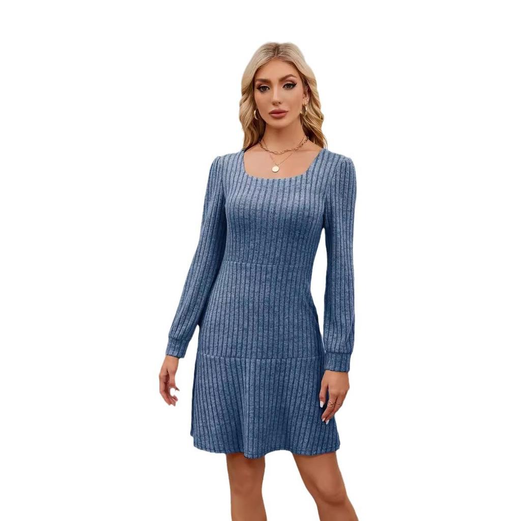 2026 Trendy Women's Square Neck Lantern Sleeve Babydoll Dress with Pockets