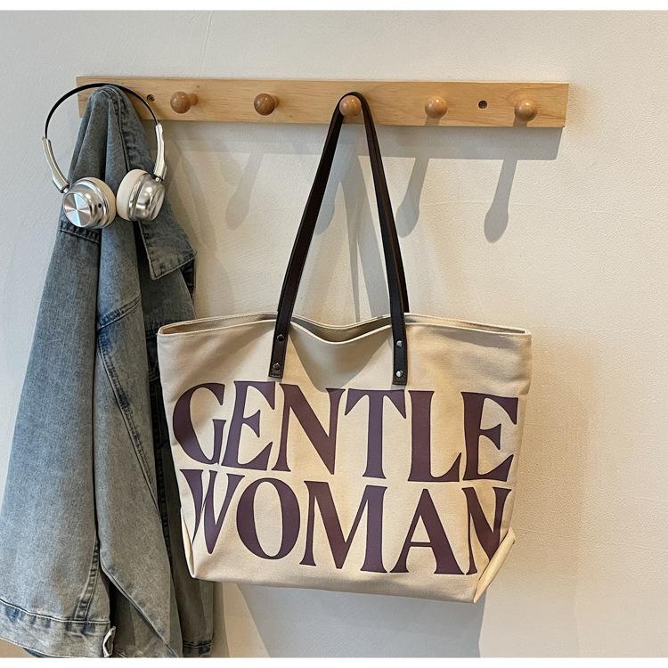 Women Stylish Canvas Shoulder Bag Large Capacity Letter Print Tote Handbag for College Students Travel Texture Commuting Bag