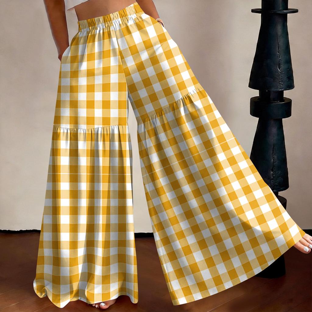 Women's High Waist Wide Leg Pants Loose Fit Lightweight Plaid Print Casual Trousers with Elastic Waistband Comfortable Fit