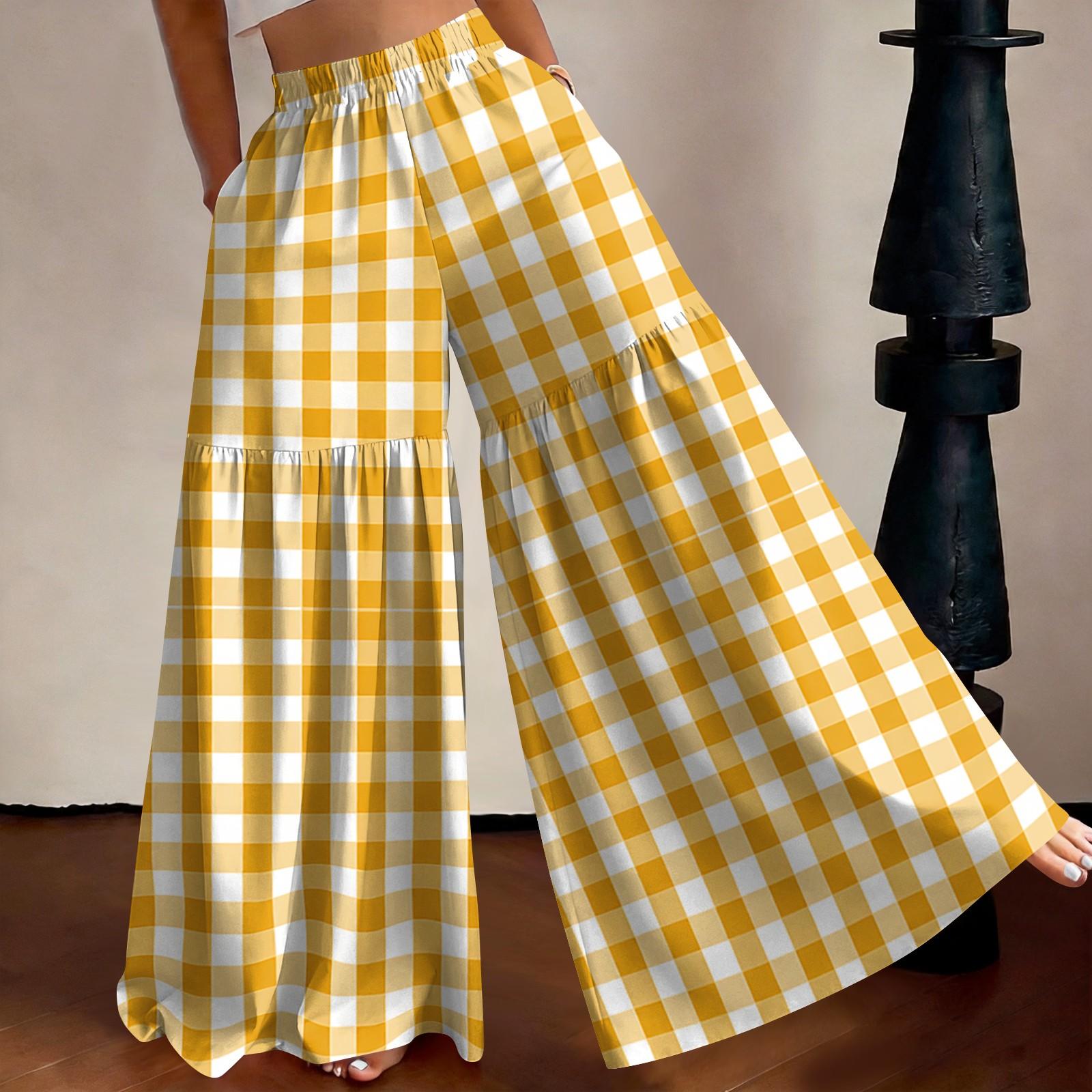 

Women s High Waist Wide Leg Pants Loose Fit Lightweight Plaid Print Casual Trousers with Elastic Waistband Comfortable Fit M