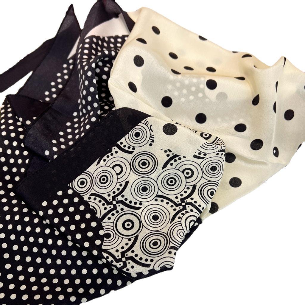 [Black Rice Polka Dots] Simple Mulberry Silk Double Crepe Strip Scarf Ribbon Scarf Silk Scarf Women