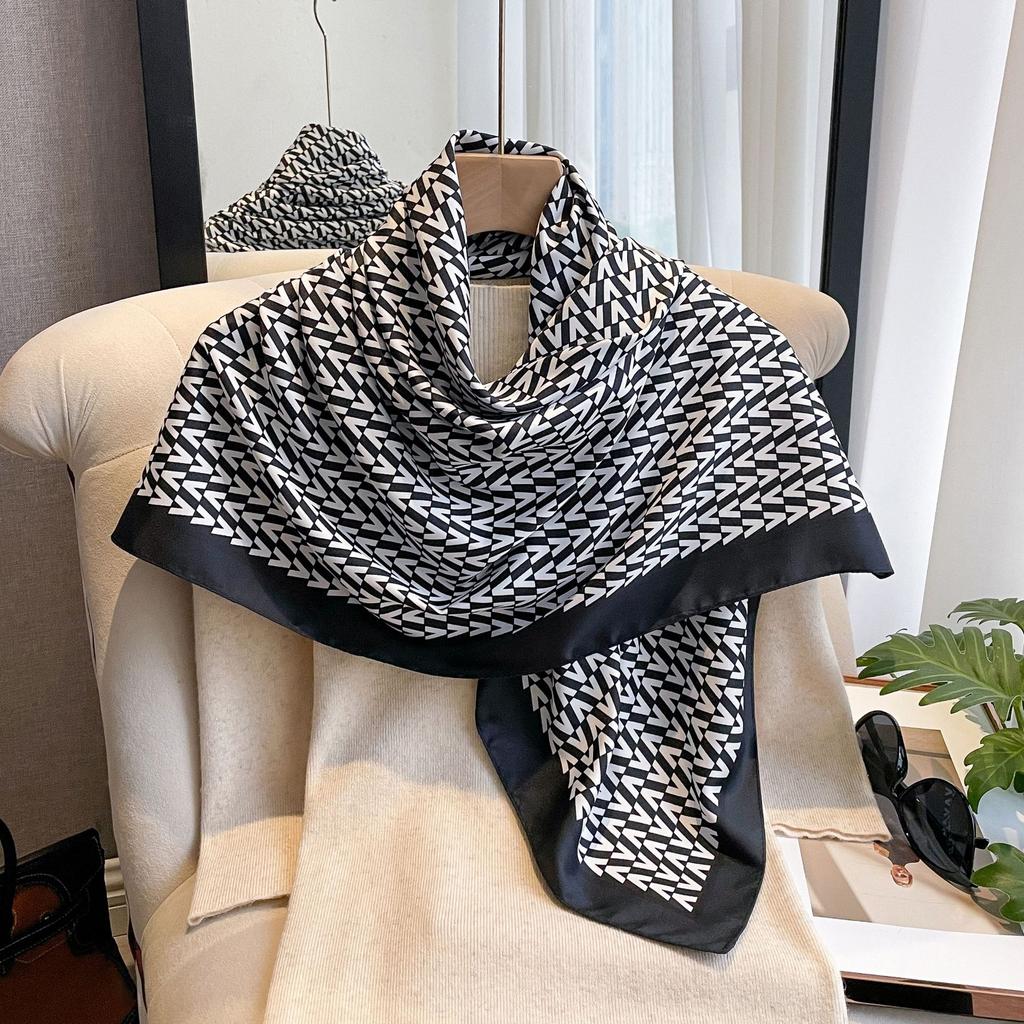 Letter Diagonal Silk Pattern 90 Square Scarf Printed Imitation Silk Fashionable Versatile Shawl Outer Headscarf Scarf
