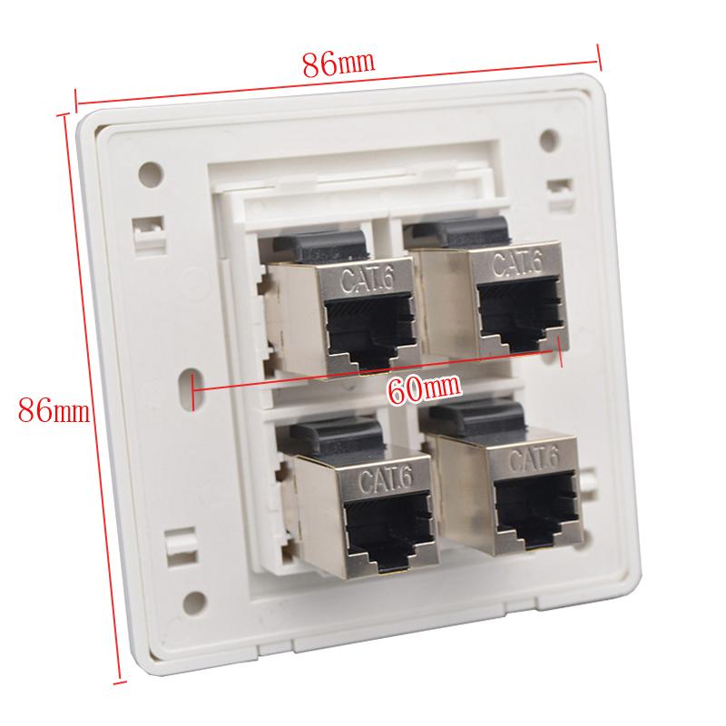 Female CAT6 RJ45 Wall Outlet With 4 Ports Shielded CAT.6 Network Socket Insert Keystone Jack Faceplate 86x86mm In White Color