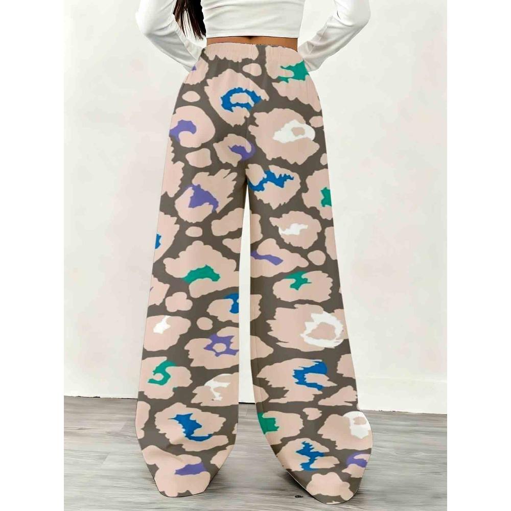 Women's colorful leopard print wide-leg sports pants, casual loose drawstring pants, fashionable and comfortable jogging pants