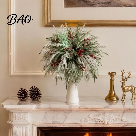 Lifelike Floral Decor for Gift 20Pcs Christmas Norfolk Pine Picks, Flocked Snow Branches with Indoor Decorative Plants Living Room Red Berries,