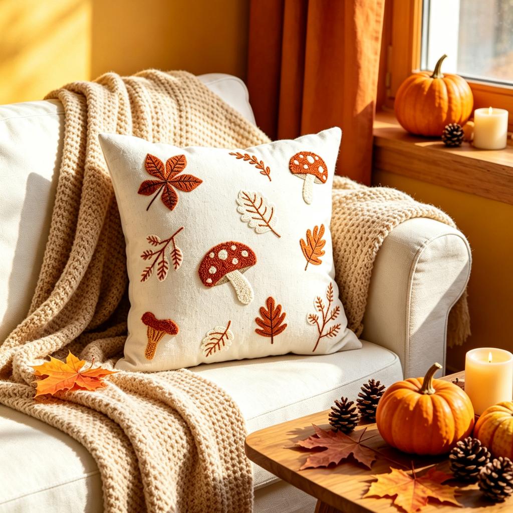 Federa Cuscino Autunnale con Funghi e Foglie d'Acero 3D Goffrati Cotone Lino Quadrata Lombare Decorazione Retrò Copricuscino per Divano 45x45cm