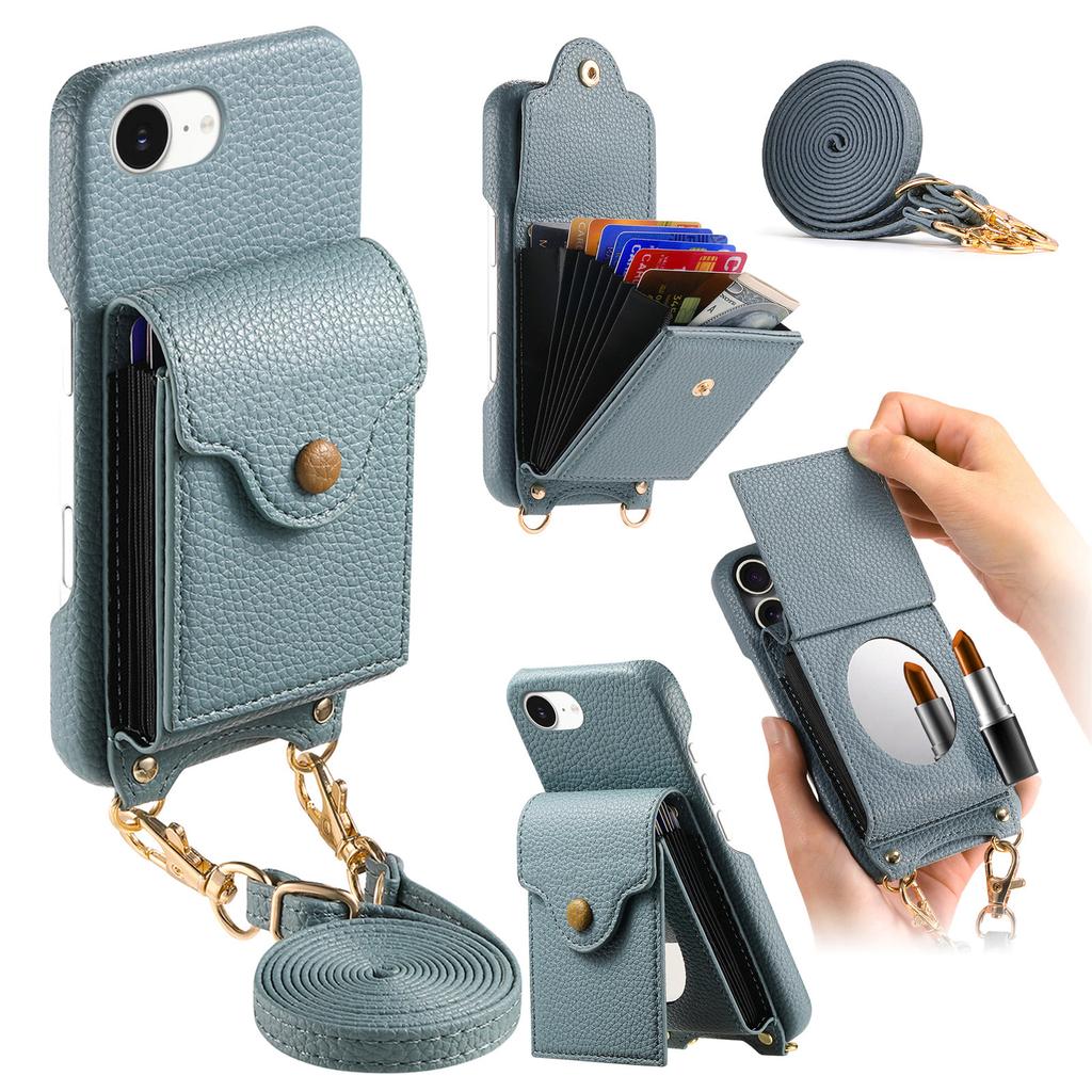 For iPhone 16e Case Mirror Card Holder Litchi Texture Leather Phone Back Cover with Long Strap