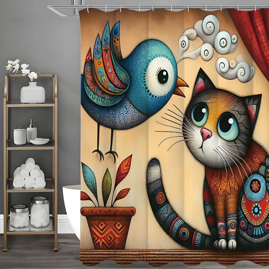 Cute Cat Bird Potted Shower Curtain, Bathroom Decorative Shower Curtain, Waterproof Shower Curtain with Hooks