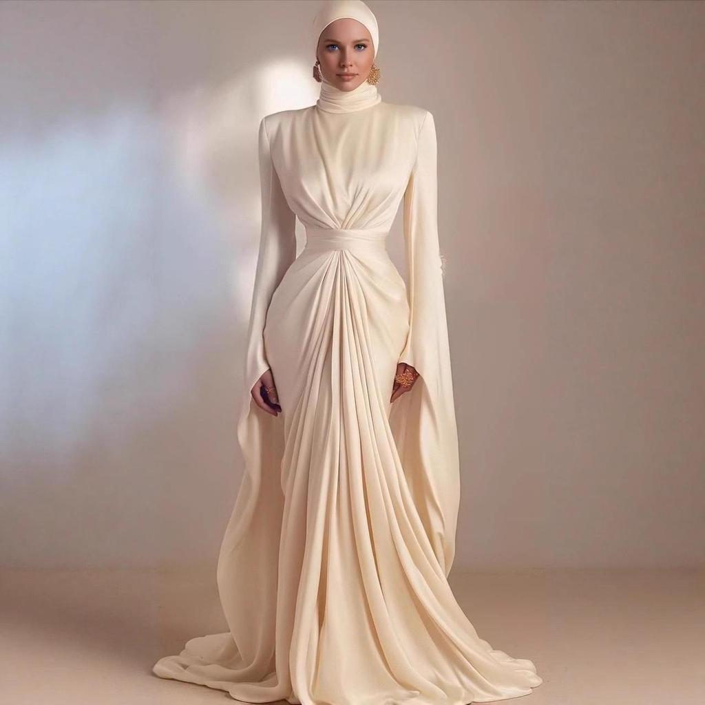 European & American Women's Satin High Neck Casual Formal Dress, High Waist with Lace-up Design, New 2025 Style