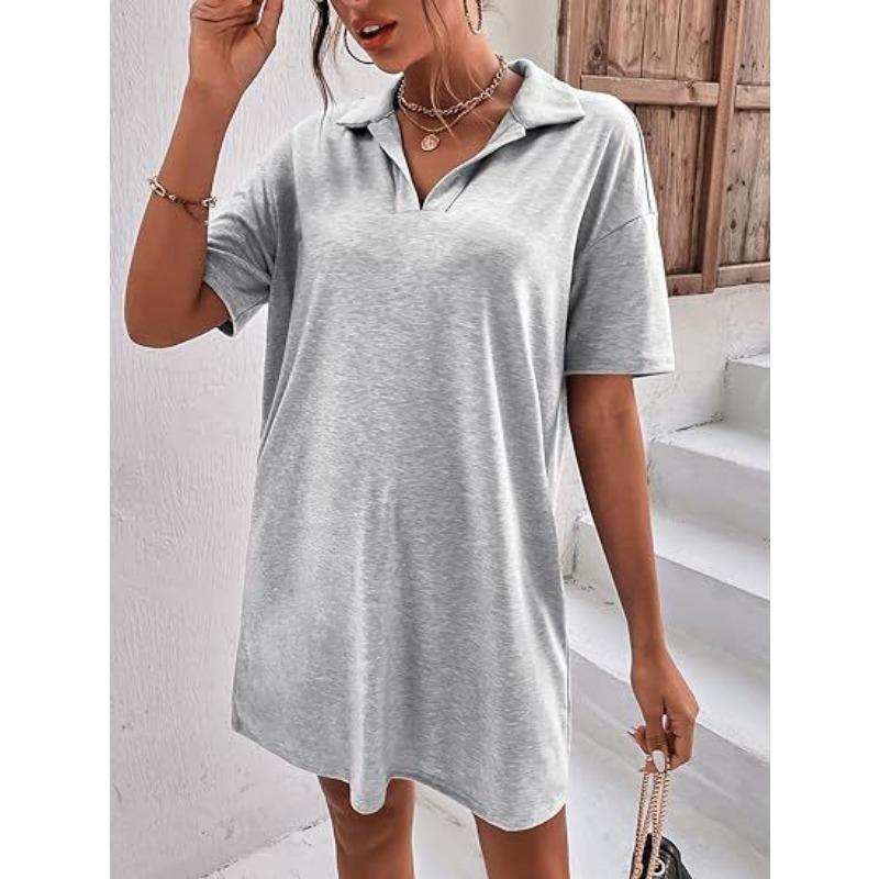 YYFS Women's Fashion Summer Spring Solid Color Print Short Sleeve POLO Neck Loose Waistline Casual Dresses