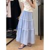 Preppy Youthful Fresh Sweet Blue Checkered Tiered Skirt for Women Spring Lace Trim A-Line Casual All-match Versatile Long Skirt