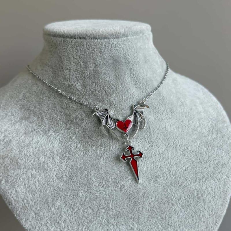 Detailed Gothic Punk Bat Wing and Heart Crosses Pendant Necklace Crafted from Alloy for Long Time Use