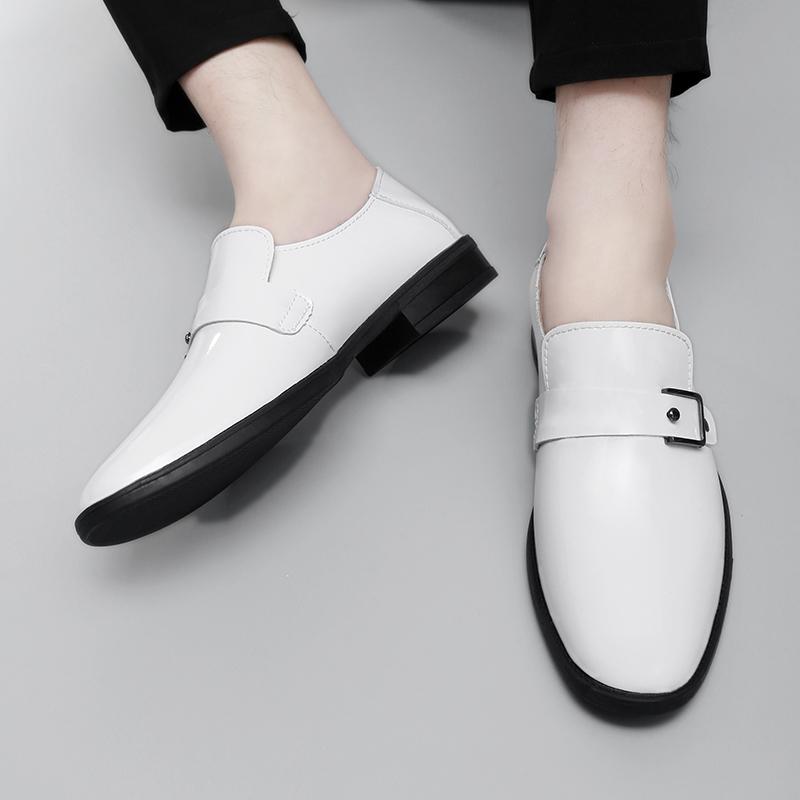 Fashion British New Pointed White Black Genuine Leather Shoes For Men Formal Wedding Prom Dress Homecoming Pageant Monk Strap Loafers