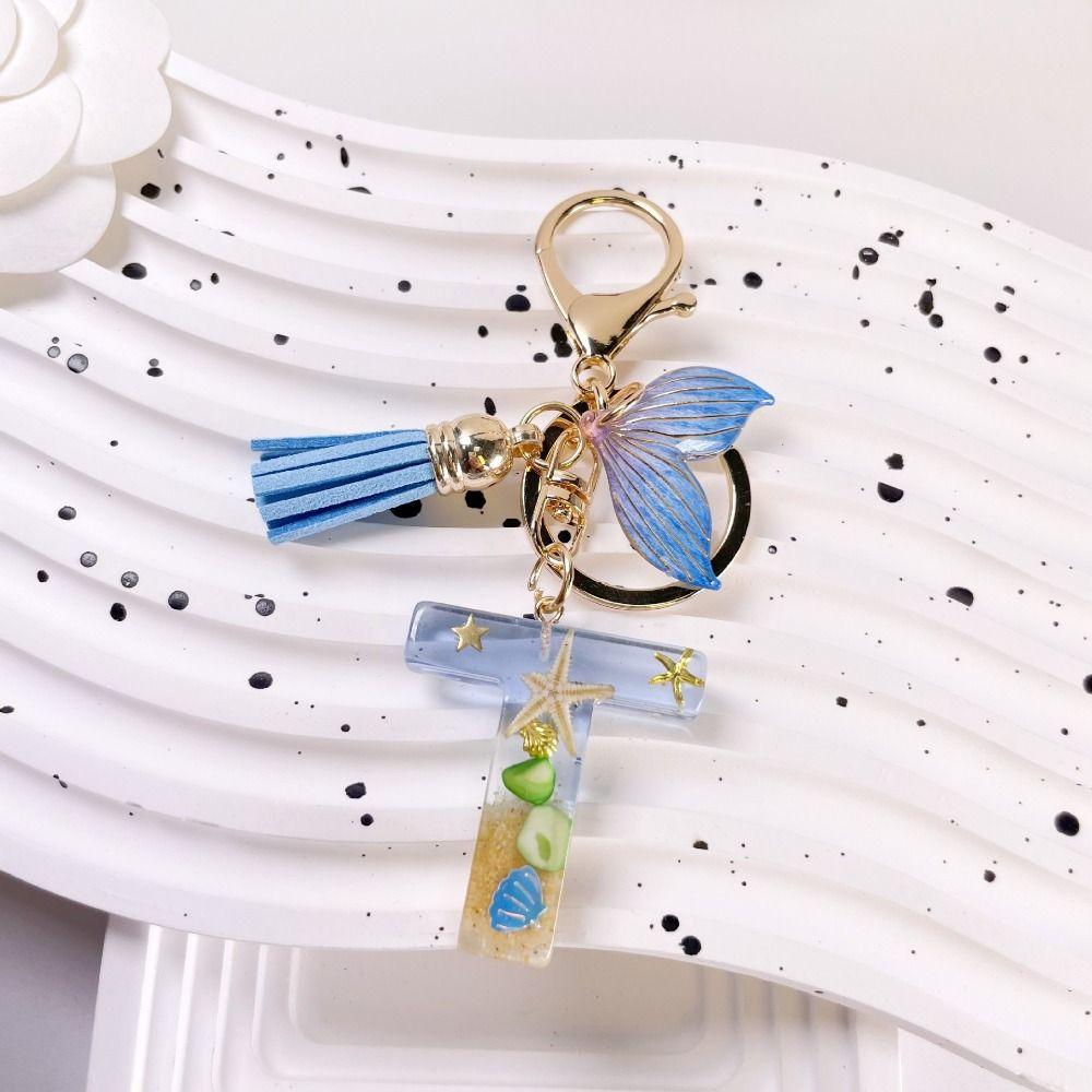 Blue Tassel Initials Fishtail Pendant Letters A To Z 26 Letter Keychain  Jewelry Gift T