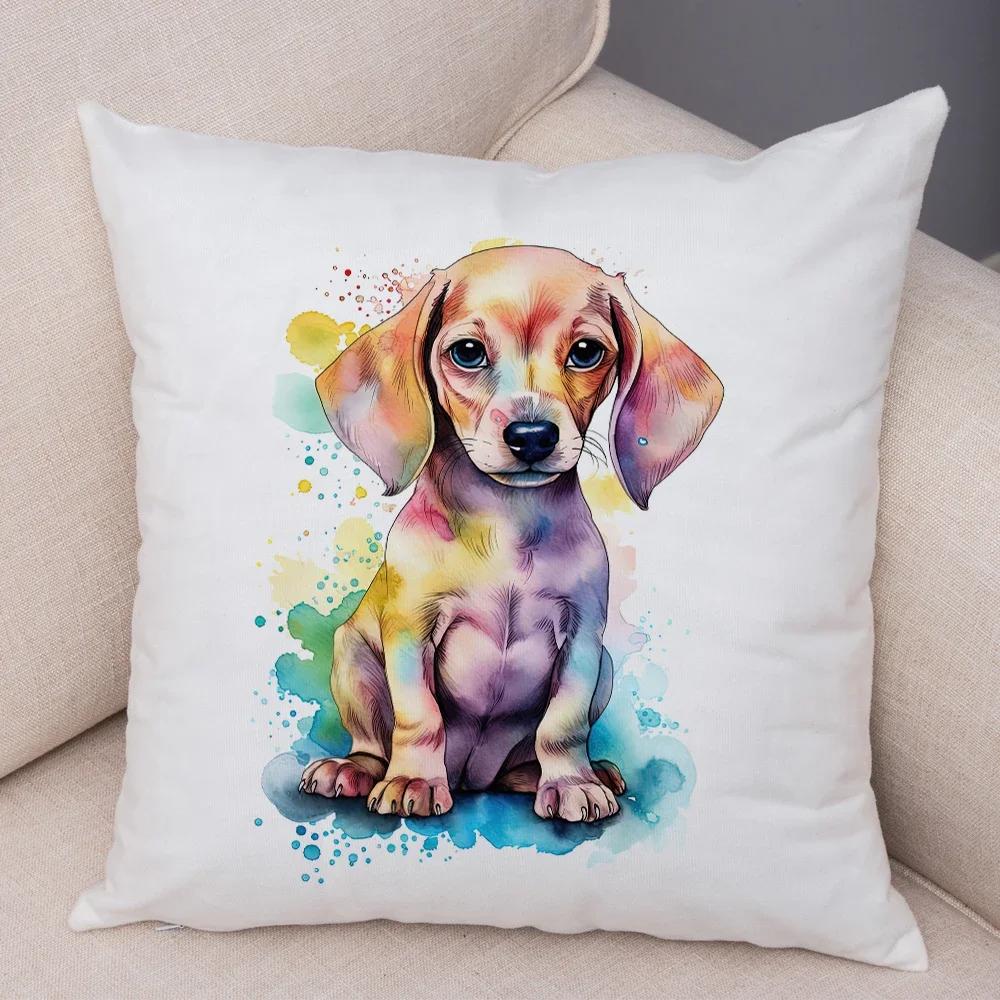 Super Cute Watercolor Dog Throw Pillow Cover With Short Plush Print For Living Room Sofa Decoration Cushion Cover Pillow Covers