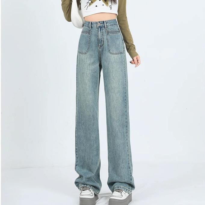 Women's High Waist Retro Jeans - Slim Straight, Wide Leg, Floor-Length Pants for Spring/Autumn