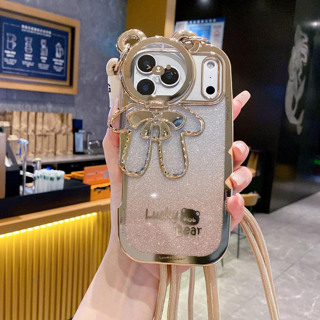 Lucky Bear Lanyard Mobile Phone Case Is Suitable for Apple 17PROMAX Anti-drop 16/15 Gradual Change Glitter 11/12 Personality