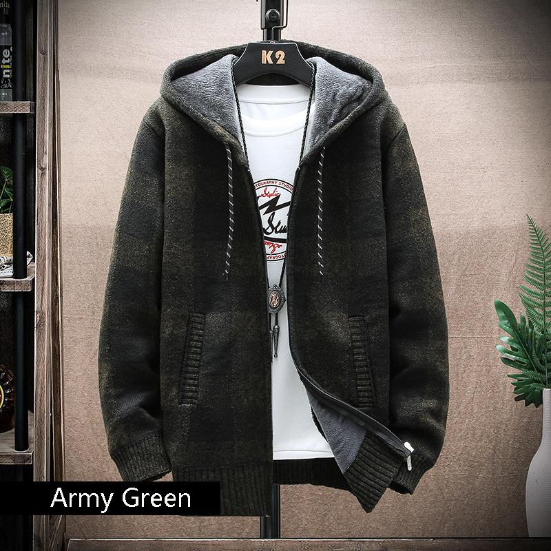 Plaid Hooded Cardigan Men Clothing V Neck Sweater Men Cardigen Retro Clothes Hip Hop Knitwear Autumn Winter