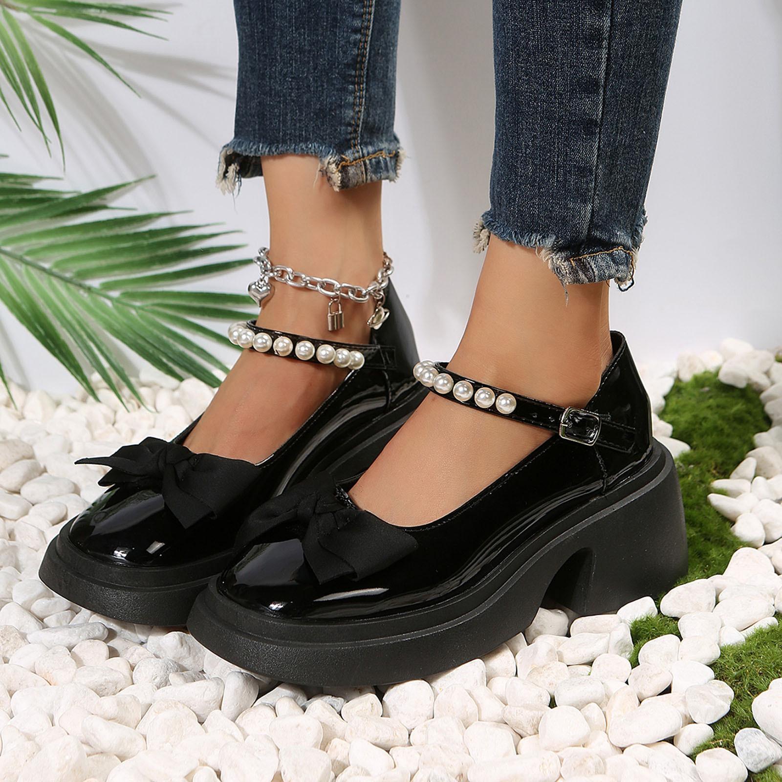 

Leisure Women s Four Seasons Pearl Decoration Strap Non Slip Square Heels Round Toe Business Casual Dress Shoes for Women 40 чорний