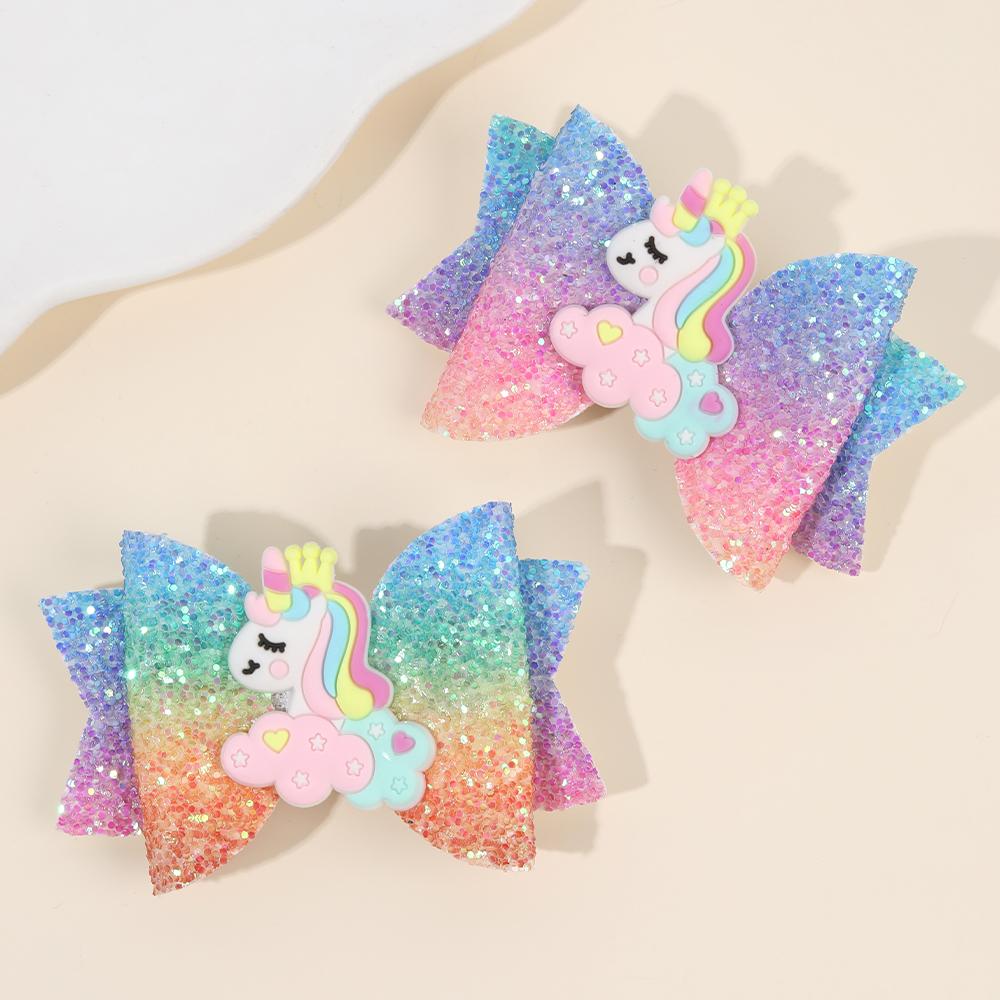 2 Stuks Regenboog Eenhoorn Cartoon Haarclip Kawaii Zoete Pastel Glanzende Strik Haarspeld Voor Meisjes & Kinderen Hoofddeksels Kinderaccessoires