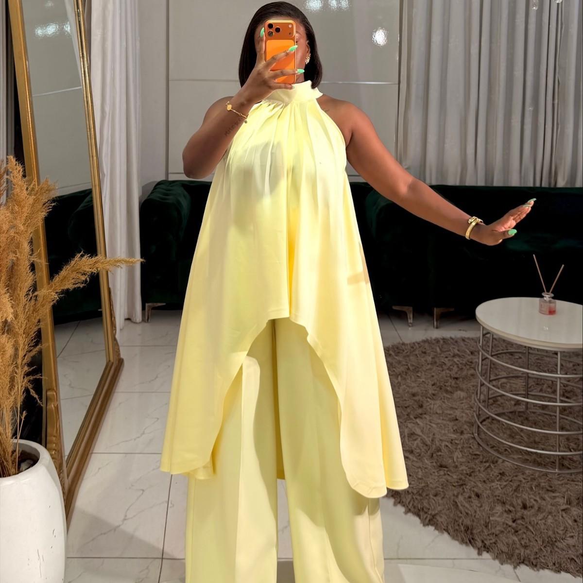 Women s Sleeveless Irregular Top and Wide Leg Pants Set, Light Yellow S жёлтый