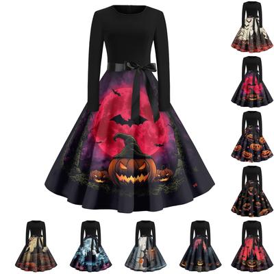 Dámske ležérne módne šaty s okrúhlym výstrihom s halloweenskou potlačou vo vintage štýle