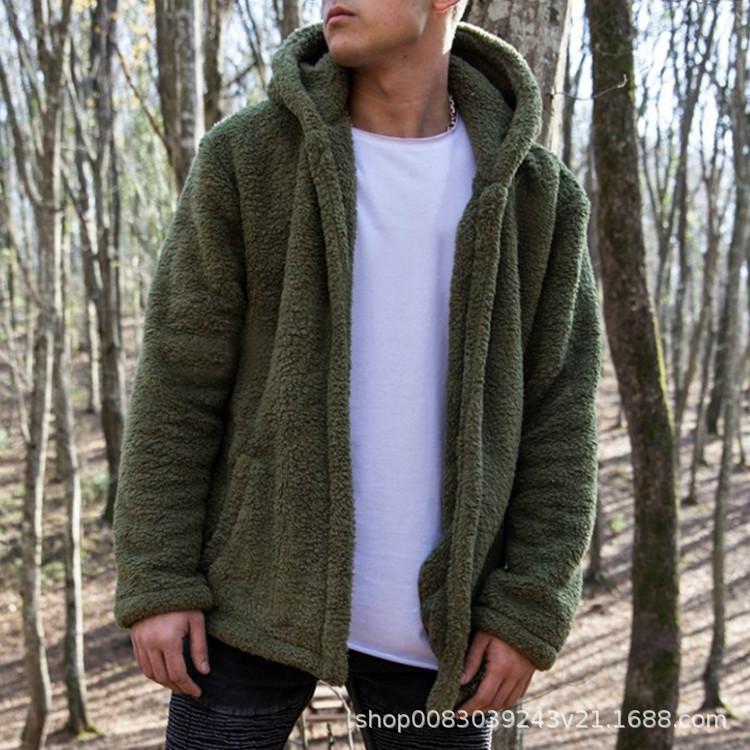 Men's Autumn and Winter Casual Solid Color Hooded Jacket European and American Plush Coat To Keep Warm