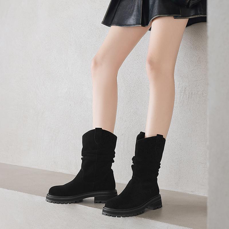 Krazing Pot Cow Suede Nubuck Winter Round Toe Western Boots Med Heels Pleated Decoration Women British School Mid-calf Boots