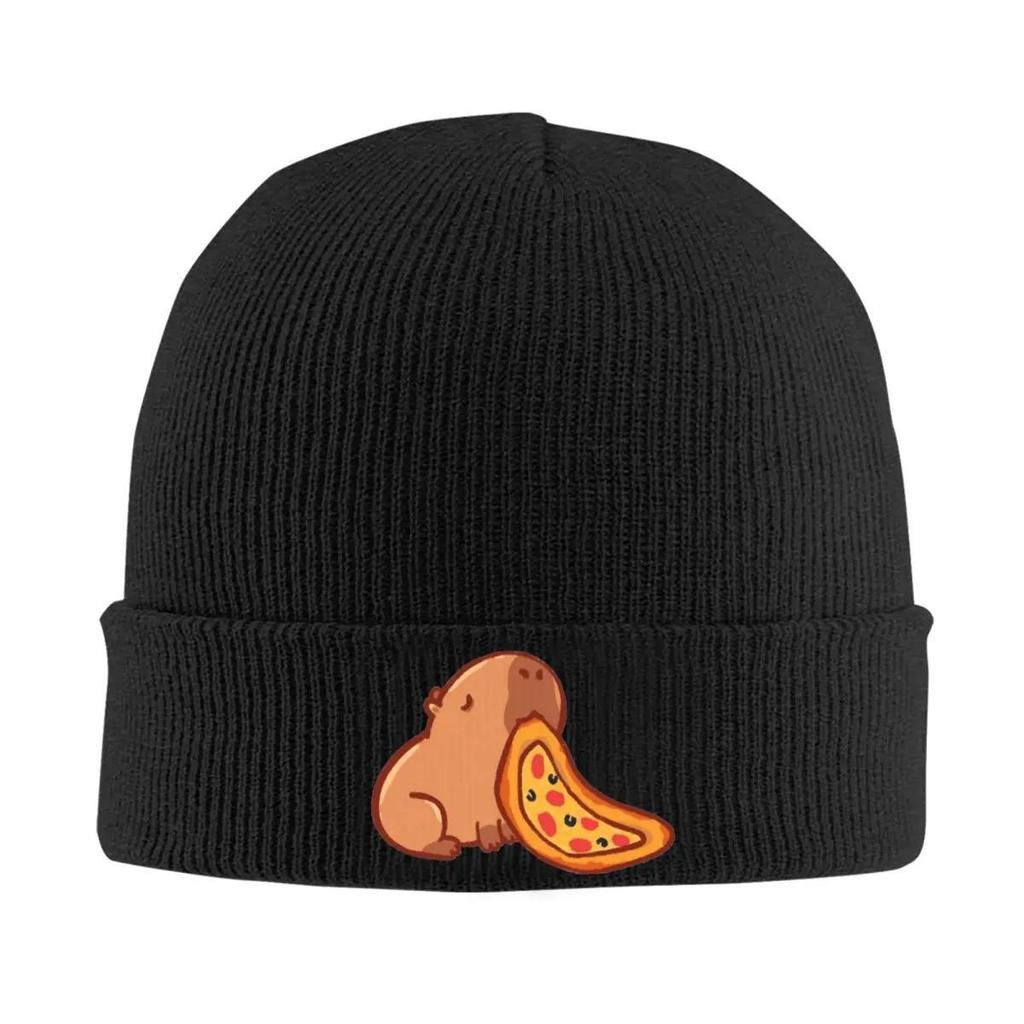 1pc Anime Capybara Eating Pizza Beanie Hat Acrylic Knit Fabric, Lightweight, Stretchable, Toggle Closure, Hand Washable