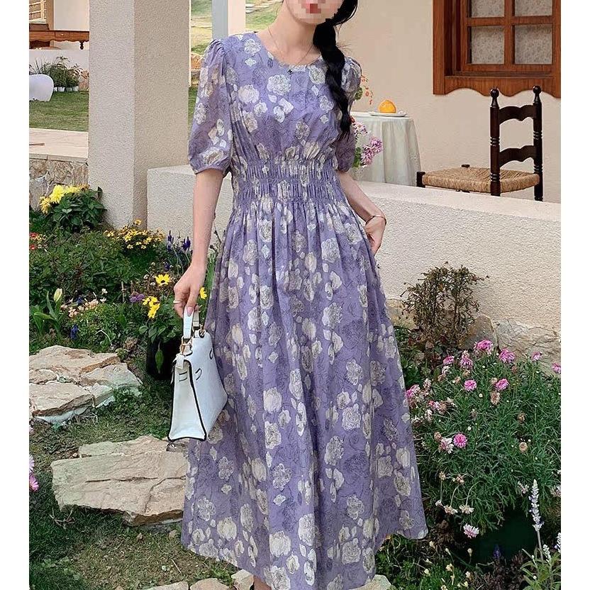 Summer Gentle Wind Pleated Bubble Sleeves Floral Dress High-end Temperament Women's French Waist A-shaped Long Skirt