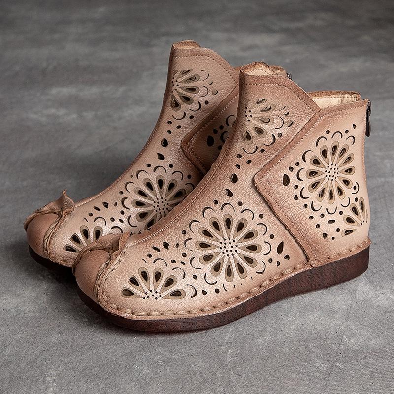 Johnature Summer Sandals Genuine Leather Retro Breathable Hollow-out Boots Handmade Women Clogs Flats Shoes