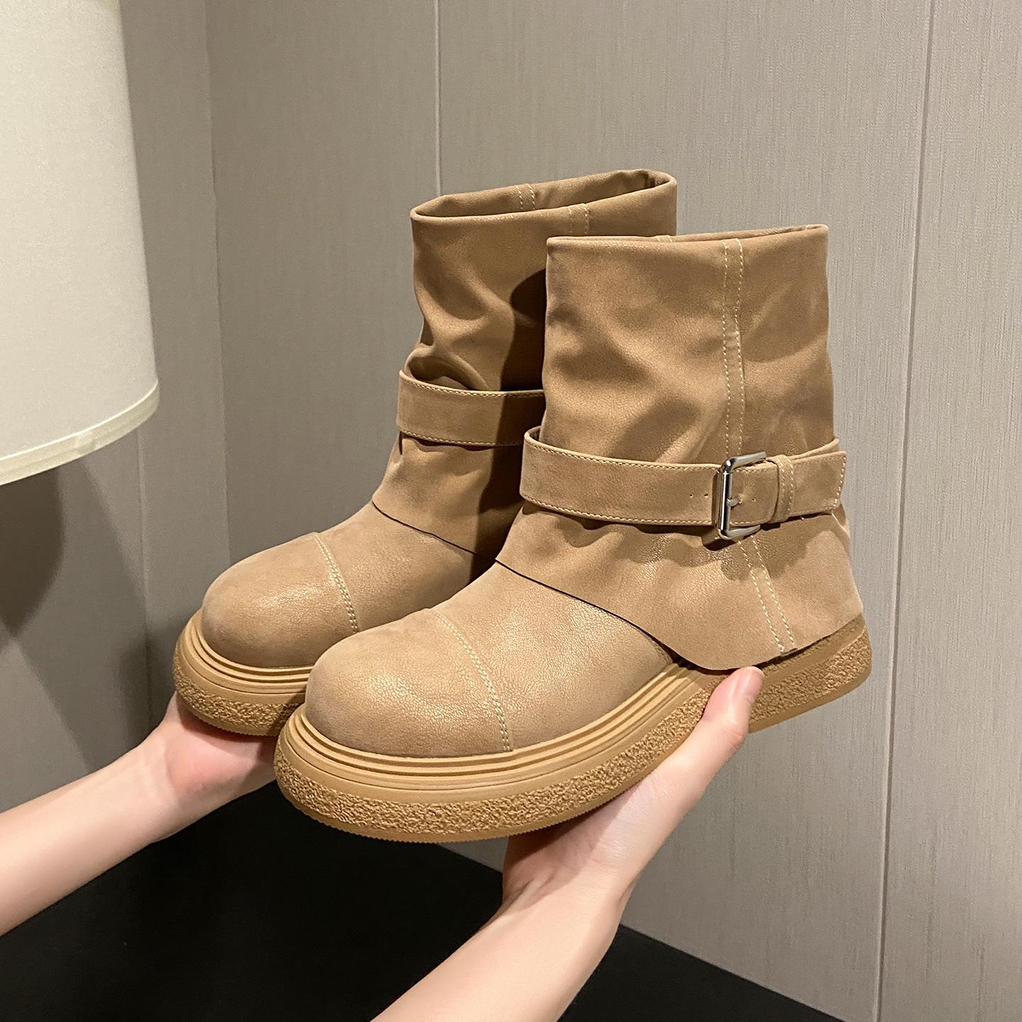 

Fashion Hot Girl Wasteland Style Ankle Boots 2025 Autumn New Style Pleated Boots Dui Dui Boots Wide Boots Trouser Boots For Women 40 коричневый