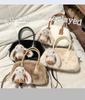 Solid Color Faux Fur Women's Small Shoulder Bag Simple Handle Crossbody Bag Casual Female Clutch Purse with Cute Rabbit Pendant