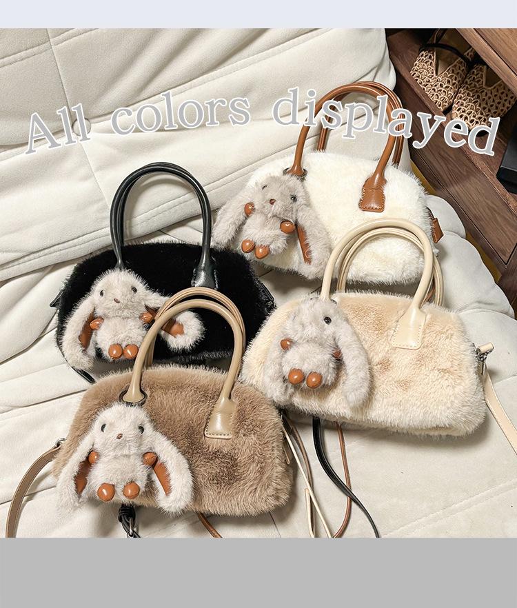 Solid Color Faux Fur Women's Small Shoulder Bag Simple Handle Crossbody Bag Casual Female Clutch Purse with Cute Rabbit Pendant