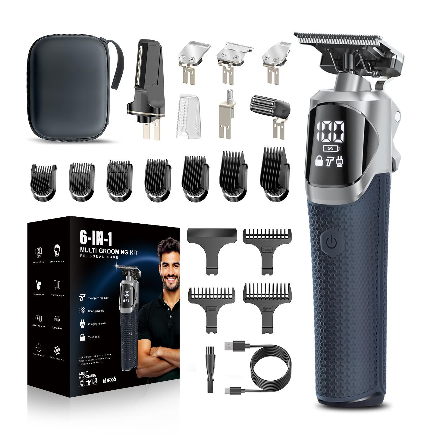 

6-in-1 Professional Beard Trimmer for Men, IPX6 Waterproof Electric Shaver Razor, Cordless Body Hair Trimmer for Mustache, Nose, Type-C Mens Gooming синій