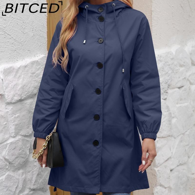 BITCED Autumn/Winter Water-Repellent Hooded Trench Coat Women's Casual Long Coat Loose Fit Plus Size Outdoor Rainwear