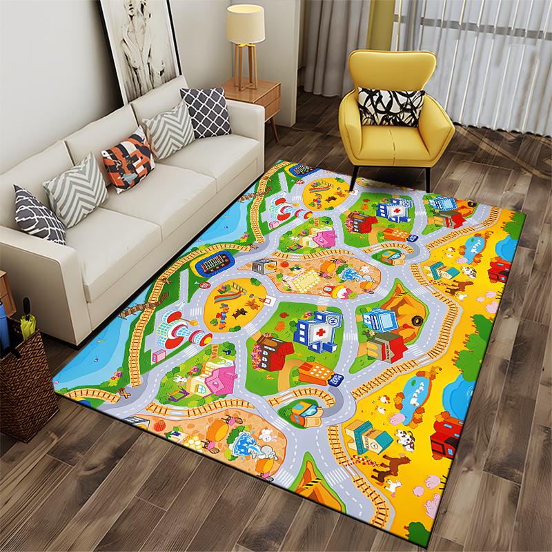 Town Map Pattern Play Rug for Kids Non-slip rug suitable for living room and bedroom sofas.