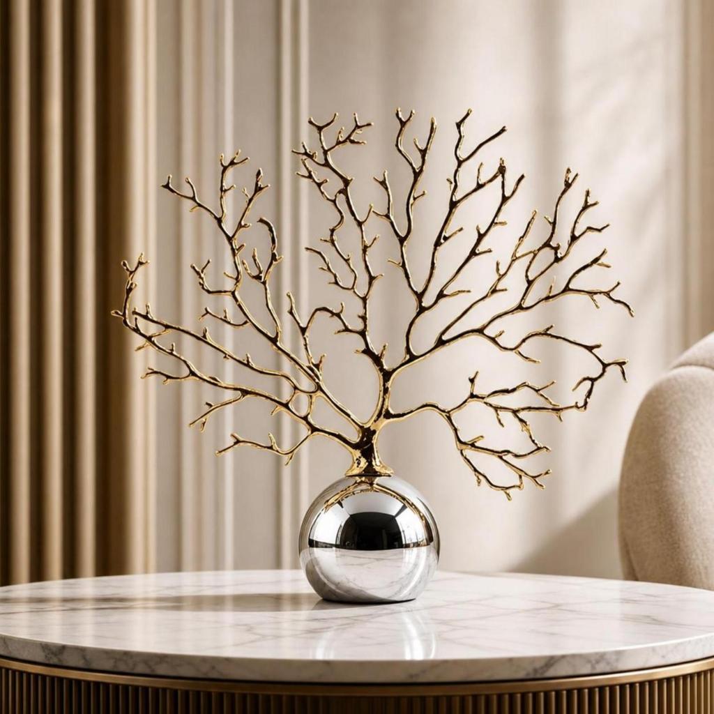 Metal Branch Sculpture Reflective Tree Decor with Silver Base Modern