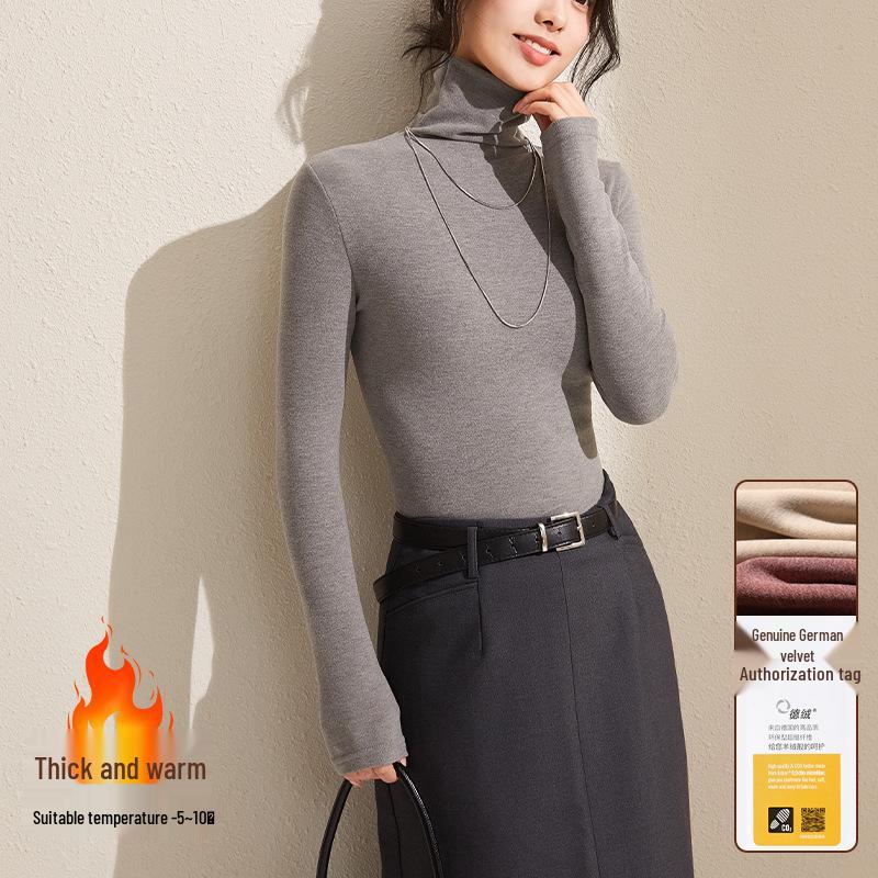 Women's Gray Winter High-Neck Base Layer Shirt - Thick, Warm, Stylish Plus Velvet Inner Wear