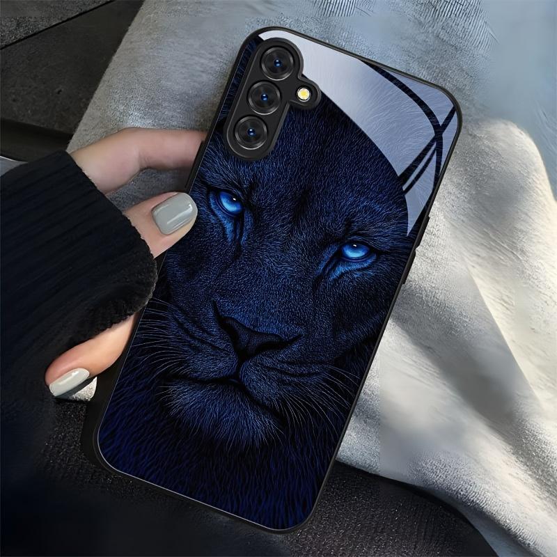 Blue Lion Cool Black Frame Glass Phone Case Suitable for Samsung GalaxyS26 S25 S24 S22 S21 S20FE Ultra Plus Anti Drop Back Cover